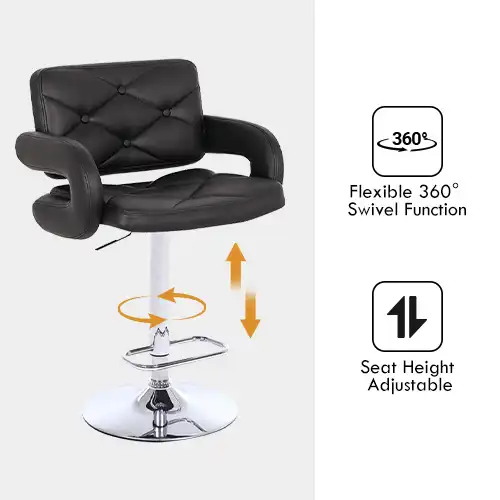 Black leather bar stool with arms and back: Materials, Frame, Finish